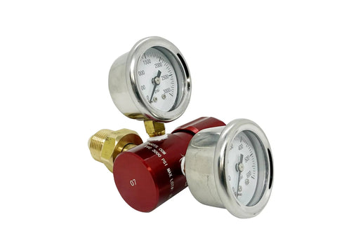 Red Anodized Aluminum Argon Regulator With 0 To 400 PSI Range High Flow 45 CFM Lightweight One Quarter Inch FNPT Outlet Dual Chrome Gauges