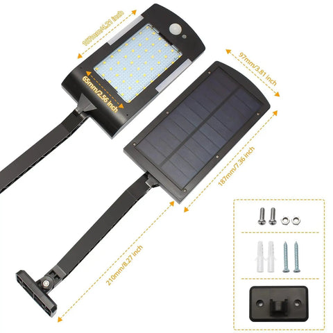 Outdoor Solar Flood Lights 48 LED Cordless Waterproof With Motion Sensor Adjustable Vertical 120 Degrees And Horizontal 180 Degrees Angles Security Lighting For Deck Fence Patio Front Door Yard Shed Path 4 Pack No Fuss Setup showing front view dimensions and mounting hardware