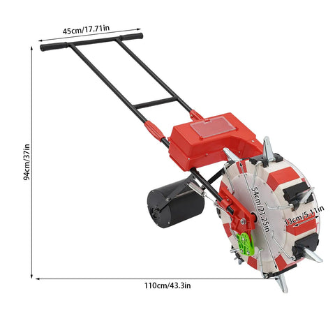 Manual Seeder With 7 Nozzles Handheld Seeding Machine with dimensions, red and black design for precision planting corn and soybeans.