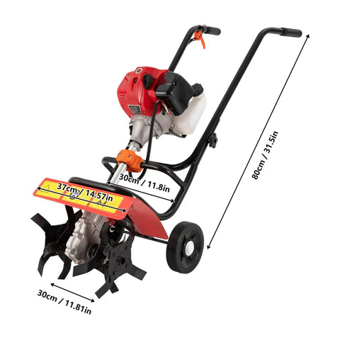 Side view of 52CC Gas Powered Tiller Cultivator with 2 Stroke Engine, showing hand push design and dimensions, 80cm height