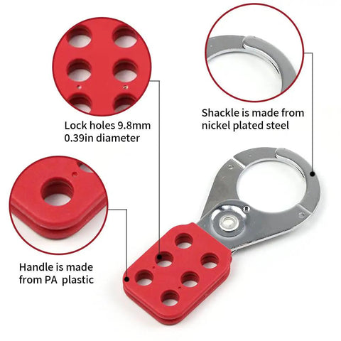 Double Layer Nylon Handle Chrome Plated Steel Lockout Tagout Hasps With One Inch Jaw, red plastic handle and chrome shackle details.