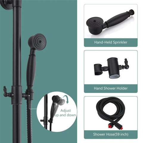 Exposed Pipe Shower System With 8 Inch Rainfall Head, Brass Fixture, Matte Black Finish showing hand-held sprinkler, holder, and hose
