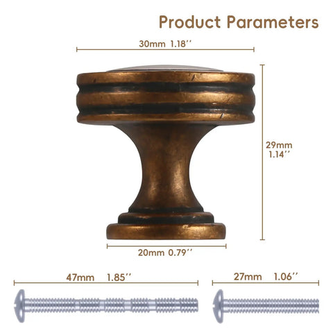 Side view of 2 Pack Antique Brass Cabinet Knobs 1.18 Inch Round Dresser Drawer Knobs Vintage Kitchen Cabinet Hardware with measurements