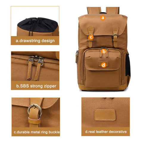 Chic Canvas Camera Backpack For Outdoor Photography with drawstring, SBS zipper, metal ring buckle, leather details.