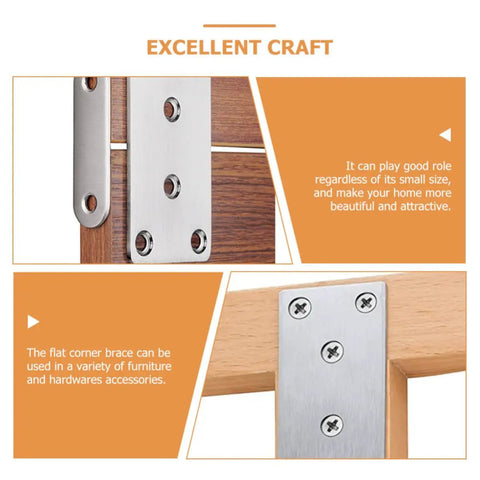Flat Corner Brace Plates With Fixing Screws Stainless Steel Heavy Duty 98mm Brackets on wooden furniture