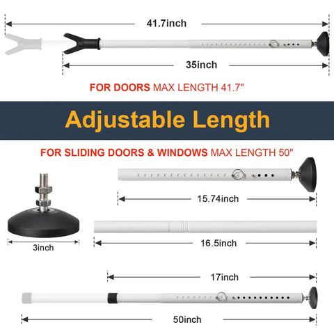 Adjustable lengths displayed for Heavy Duty Portable Door Stopper And Adjustable Security Bar For Front Door And Sliding Window Locks.