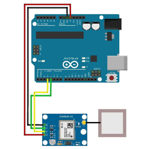 Dual 3.3V 5V GPS Module Kit With Ceramic Antenna connected to blue microcontroller board