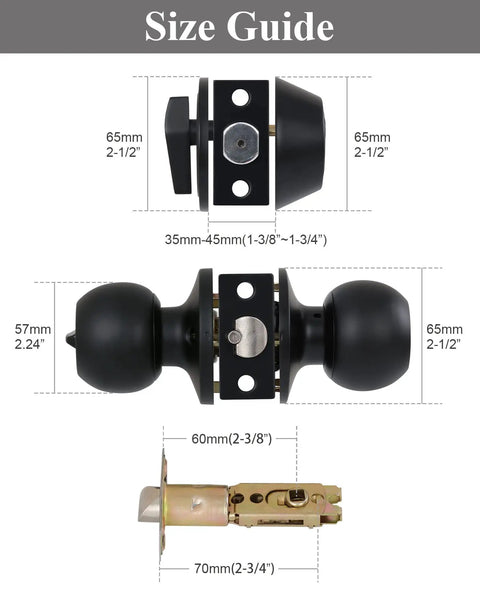 Size guide for Locking Satin Nickel Door Knob Set With Keyed Entry Easy Install Hardware Handle For Bathroom Or Bedroom.