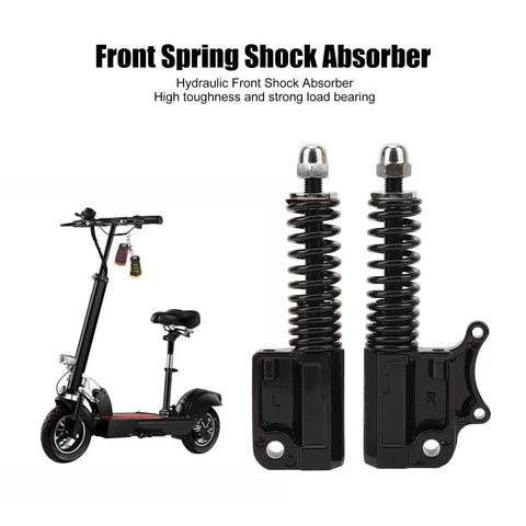 Hydraulic Front Shock Absorber Fork, 200mm Travel shown beside electric scooter, aluminum alloy, dual pack, rust-proof finish.
