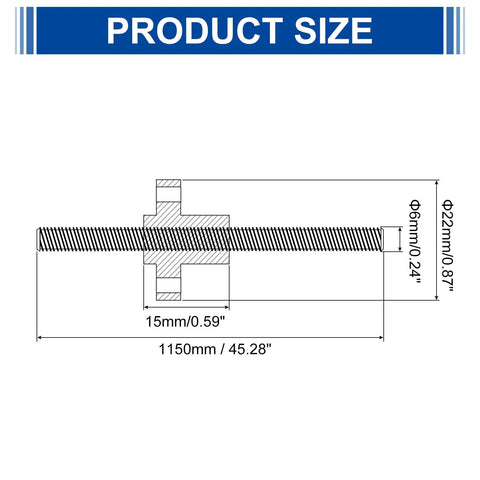 Diagram showing dimensions of Two Pack 1150mm TR8X1 Lead Screws With Brass Nuts 1mm Pitch for 3D Printer Upgrades