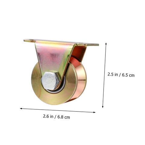Two Pack Beefy Heavy Duty Steel Pulley Block Swivel Wheel Set For Sliding Doors Track Systems Barn Gates And Garage Applications V Shaped Groove Wheel Replacement Part showing side view with measurements
