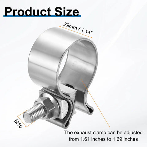 2 Pack 410 Stainless Steel Exhaust Clamp Set Adjustable From 1.69 Inch To 1.97 Inch Narrow Band Butt Joint 29mm Wide