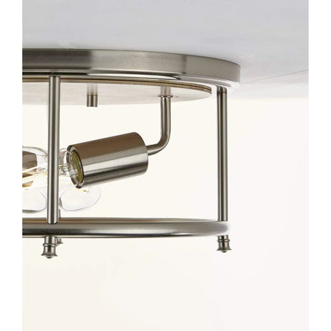 Durrell Collection Two-Light Flush Mount in Brushed Nickel 13 Inch Ceiling Light Fixture close-up of open-cage frame