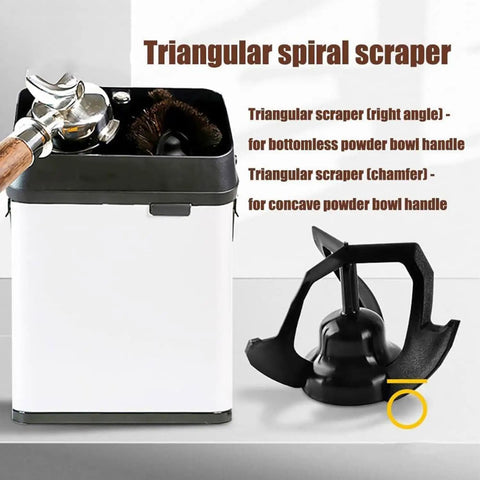 Electric Knock Box Coffee Portafilter Cleaner Machine That Knocks Grounds Fast With Two Heavy Duty Scrapers And An Extra Brush Head showing triangular scrapers and brush.