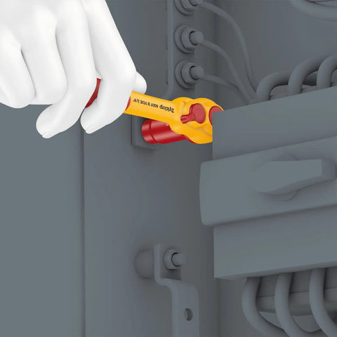Hands using Insulated Zyklop VDE Ratchet With Switch Lever Three Eighths Inch Drive 80-Tooth Fine-Tooth Gear in electrical panel