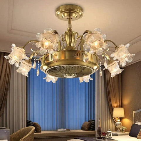 Vintage Retro Ceiling Fan With Crystal Light Fixture And Remote Control For Living Room Dining Bedroom with floral glass shades.