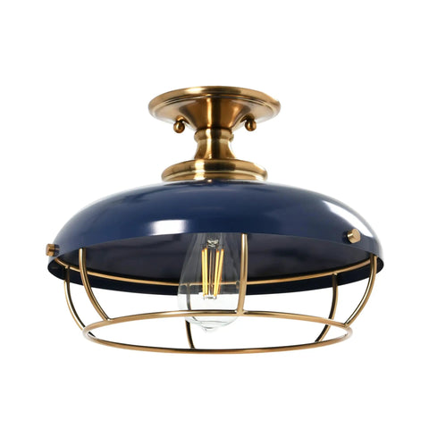 Industrial Caged Dome Metal Semi Flush Ceiling Light in brushed brass and navy blue for living rooms, hallways, kitchens, and entryways.