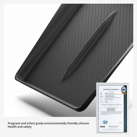 Tesla Model Y Juniper Center Console Qi Wireless Charging Pad with Non Slip Silicone Mat in black, close-up with certificate.