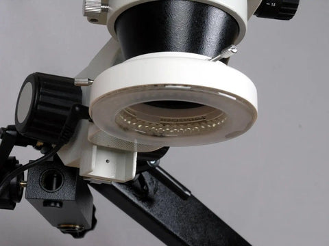 Pro Grade 3.5X-90X Trinocular Zoom Stereo Microscope With Articulating Arm And Pillar Clamp, 144 LED Illumination, Long Working Distance For Inspecting Circuit Boards, Dental Appliances, Jewelry, And Small Parts. close-up of 144-LED ring light and arm mount