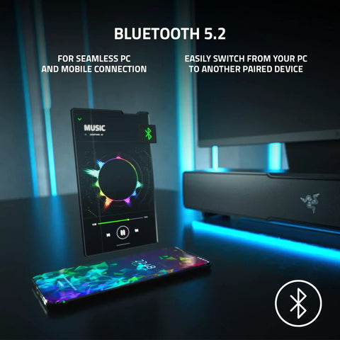 Next Level PC Gaming Soundbar And Wired Subwoofer With Dual Drivers Delivering Sick Bass THX Spatial 7.1 Surround Sound Setup That Will Blow Out Your Speakers In Classic Black - Bluetooth 5.2 connection with phone display.