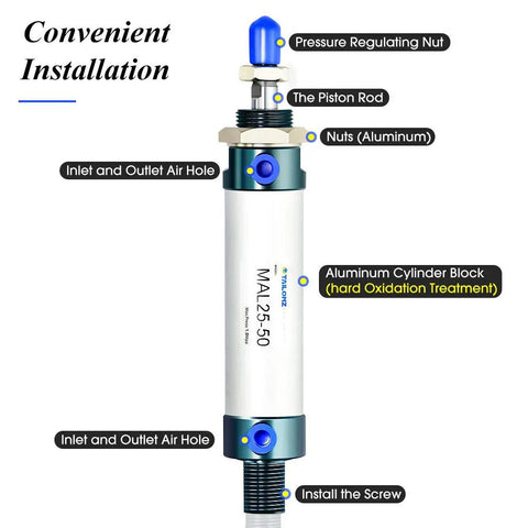 Diagram of a 25mm Bore 50mm Stroke Pneumatic Air Cylinder Double Acting With Y Connector And Two 6mm Fittings Port Size One Eighth Aluminum Body MAL25x50