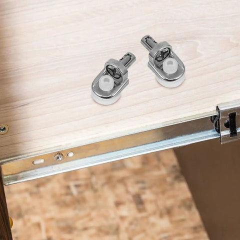 2 of the 24 Pack Zinc Alloy Shelf Support Pins for stable shelf placement on a wooden cabinet shelf with visible metal bracket.
