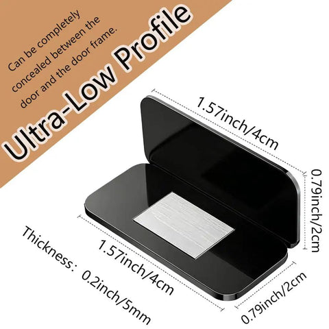 No Drill Magnetic Cabinet Door Catch With Ultra Strong Adhesive Mount, black, ultra-thin stainless steel, with measurements shown