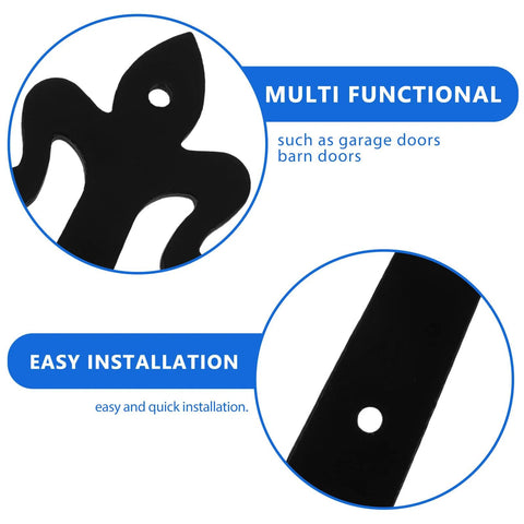 GALPADA shed door hinge, black metal lift-off hardware; front view with mounting hole and close-up detail