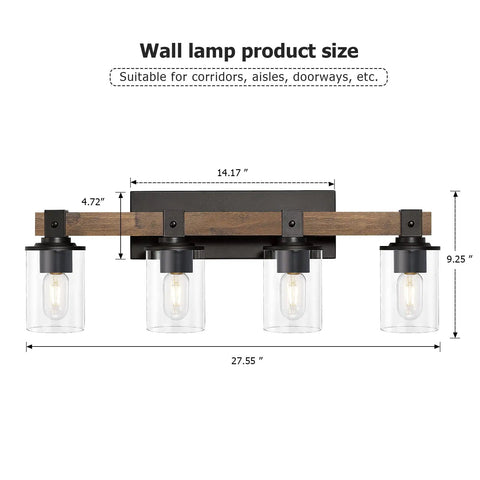 Farmhouse Vanity Light Fixture With Industrial Wood Wall Sconce And 4 Light Clear Glass Shades For Bathroom Hallway Kitchen Bedroom Antique Wood Finish Modern Rustic Home Decor with dimensions.