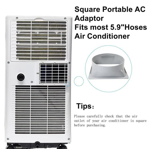 Back view of portable AC with square exhaust port and Portable AC Exhaust Hose Coupler Window Adapter 5.9 Inch AC Connector