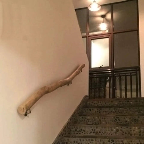 Heavy Duty Solid Wood Stair Handrail Featuring All Weather Non Slip Grip Eight Foot Wall Mounted Railing For Indoors Outdoors on a staircase.