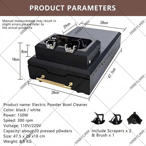 Image of No Sweat Electric Portafilter Cleaning Machine And Espresso Knock Box With Integrated Scraper Brush Holder For 58mm Filter Group, showing product dimensions and details.