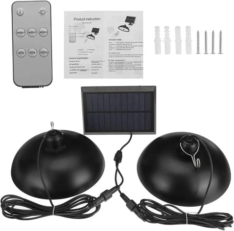 Solar Pendant Lights Dual Head 78 LED 900LM Motion Sensor, two black lamp heads, solar panel, remote control, and screws