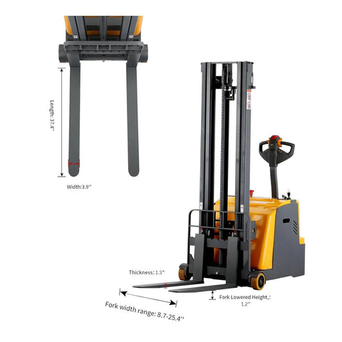 Heavy Duty Electric Counterbalanced Pallet Stacker Crushes Loads Up To 1200 Lbs, showing fork dimensions and lift mechanism for warehouse use.