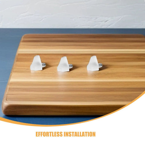White Shelf Support Pegs Set With Enhanced Safety Grip Durable Plastic And Stainless Steel Pins on wooden surface