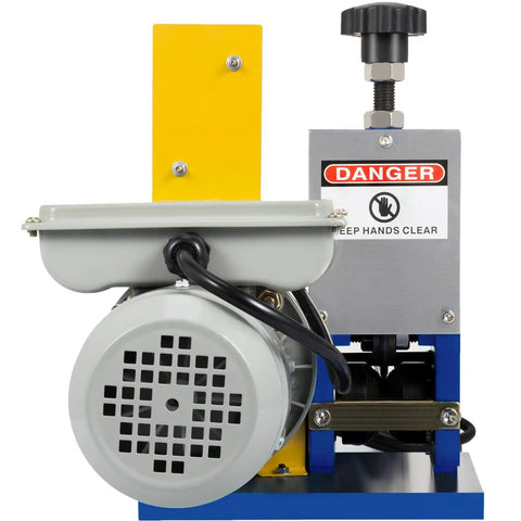 Heavy Duty Electric Wire Stripping Machine Automatic Cable Cutter 0.05 To 0.98 Inch Range Plug And Play Portable Drill Tool Includes Extra Blade For Scrap Copper Recycling Dark Blue front view showing motor and danger sign