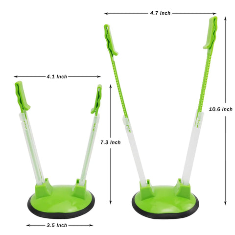 Upgrade Your Kitchen Grind With This Adjustable Ziplock Bag Holder Stand Featuring A Nonslip Base For Effortless Freezer Storage Hands Free Countertop Mount Keeps Plastic Bags Locked Down Straight Up In A Clean Green Set Of Four, showing size dimensions.
