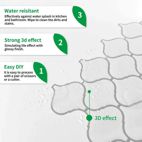 Diagram showing features of White Arabesque Peel And Stick Tile Backsplash, 3D effect, water resistance, and easy DIY installation.