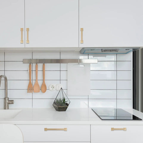 Champagne Bronze Cabinet Handles 2 Pack 3 Inch 76mm Gold Kitchen Cabinet Pulls shown on white cabinets with modern kitchen setup.