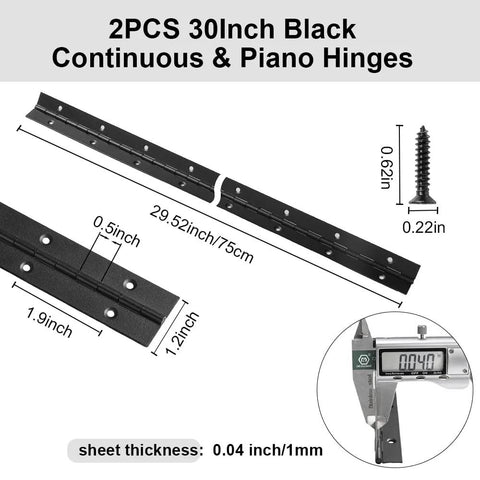 Two 30-inch black stainless steel piano hinges, continuous type; 0.04 in leaf, 1.2 in open width