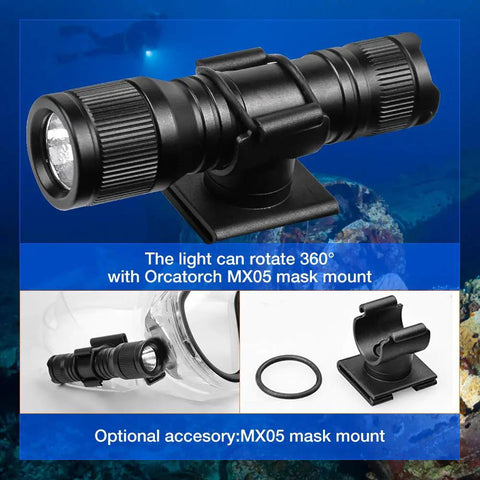 Go-To 650 Lumen Underwater Dive Light Headlamp with 360 Degree Rotating Mask Clip shown with accessories