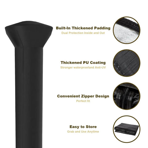Beefy Full Length Outdoor Vinyl Cover for LPG Patio Heaters, showing thickened padding, PU coating, zipper, and easy storage.