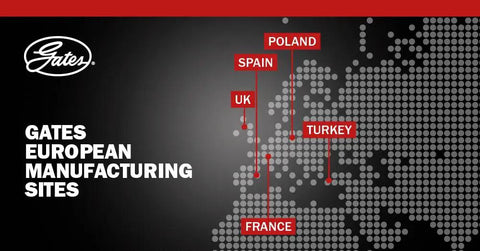 Map highlighting Gates European manufacturing sites in Poland, Spain, UK, France, and Turkey on a dotted Europe map.