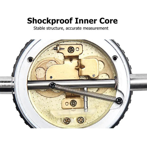 Close-up of shockproof inner core of Dial Indicator 0 To 10mm 0.01mm Precision Gauge With Case For Shaft Runout, Gear Backlash.
