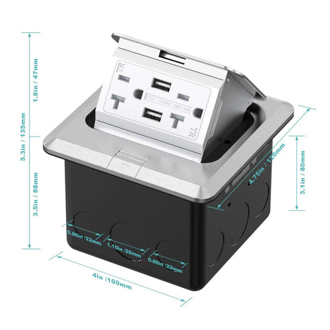 Pop Up Floor Outlet Box With 20 Amp Tamper Resistant USB Receptacle Stainless Steel Floor Box Cover open with dimensions shown