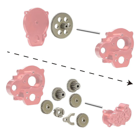Exploded view of Beefed Up Hardened Steel RC Crawler Transmission Gear Set for 1 by 24 and 1 by 18 scale models with precision parts.