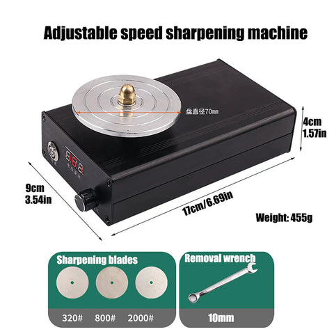 Straight Shooting Engraving Knife Sharpener With Three Top Shelf Diamond Wheels Rugged Portable Carving Tool Grinder on a workbench.