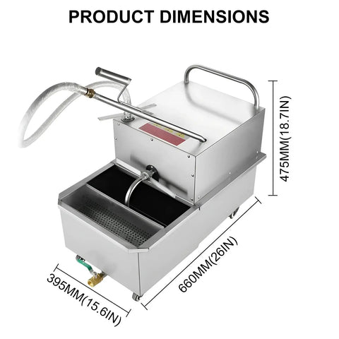 Niakidd Commercial Deep Fryer Oil Filter Machine Stainless Steel Portable Grease Strainer dimensions showing 395MM x 660MM x 475MM.