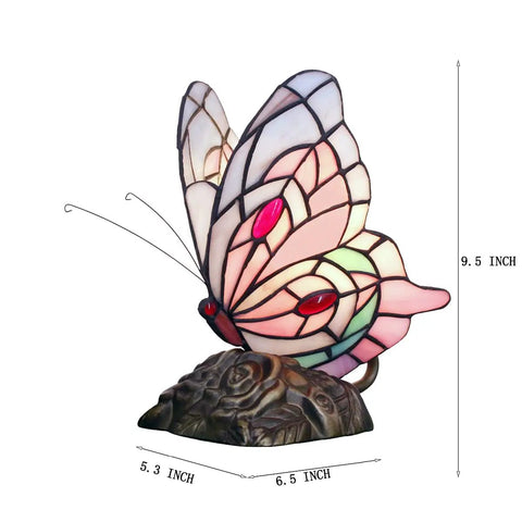 Tiffany Style Stained Glass Butterfly Table Lamp With Pink Butterfly Accent, dimensions shown, on antique bronze resin base.