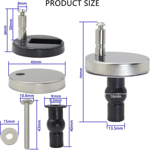 Premium Quick Release Toilet Seat Hinge Kit With Top Mount Hardware Includes Screws And Nuts For Standard Toilets, shown with detailed measurements.